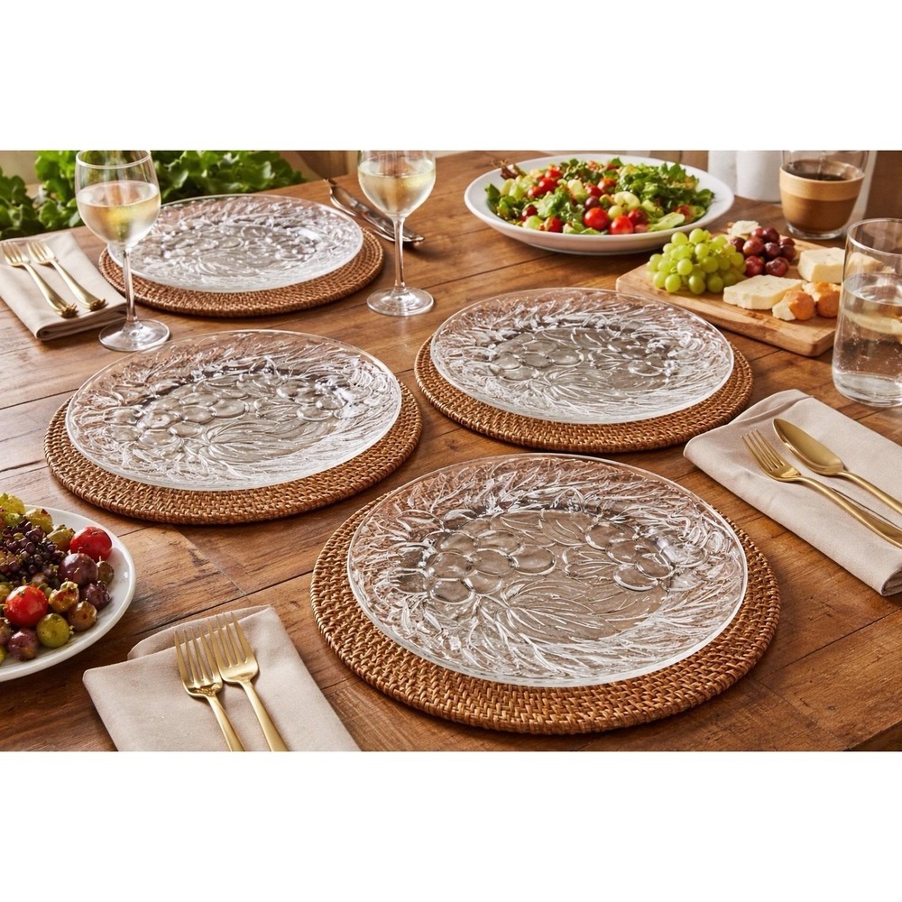 KIG Indonesia Clear Glass Dinner Plates with Grape Design 10 1/4" Set of 4‎